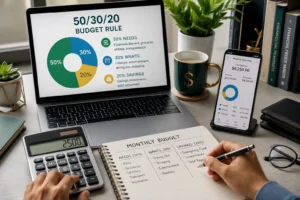 50/30/20 budget rule explained with monthly expense planning, savings tracking, and personal budgeting categories
