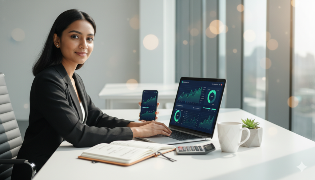 Young Indian entrepreneur working on a laptop with finance dashboards, investment charts, and budgeting analytics in a modern office workspace with smartphone growth graphs and financial planning setup.