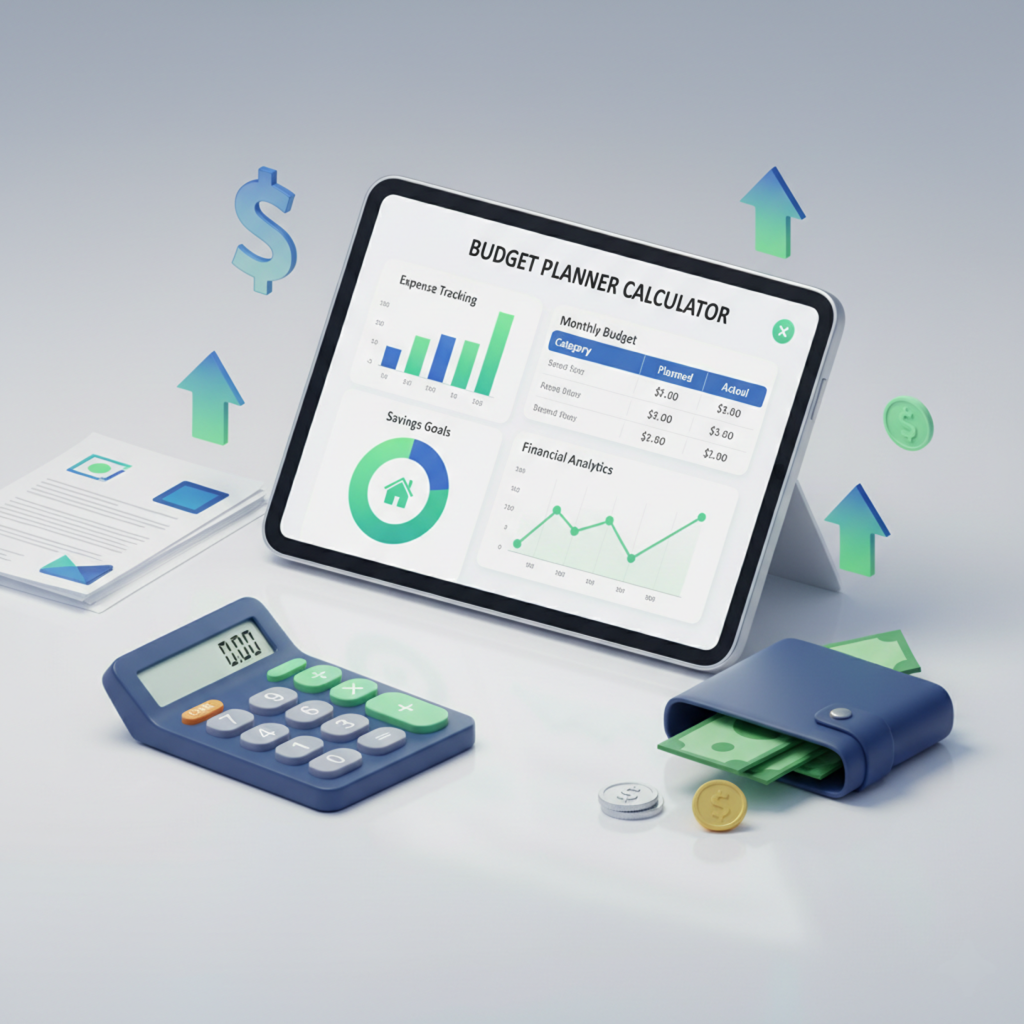 Modern budget planner calculator dashboard with expense tracking charts, budgeting analytics, savings goals, and financial planning tools