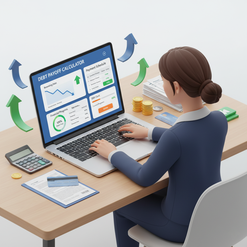 Debt payoff calculator showing repayment schedule, decreasing debt graphs, EMI tracking, and financial progress dashboard