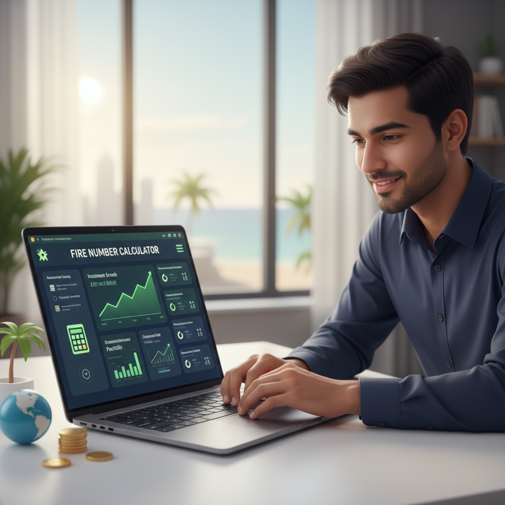 FIRE number calculator with investment growth charts, retirement planning dashboard, passive income analytics, and financial independence visuals