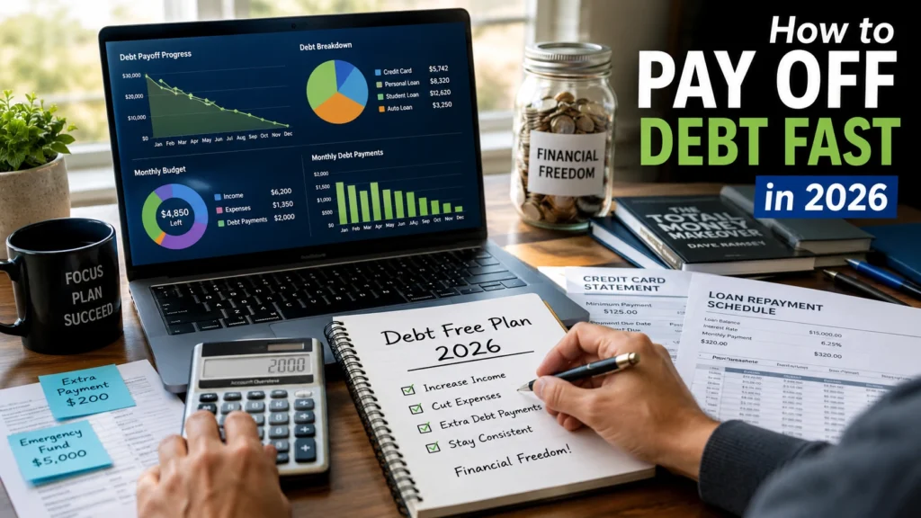 Person planning a debt payoff strategy in 2026 using budgeting charts, calculator, laptop, and financial tracking tools to become debt free faster.