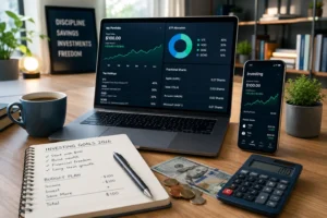 Beginner investor using a laptop and smartphone to start investing with $100 using stock market and ETF investment apps in 2026.