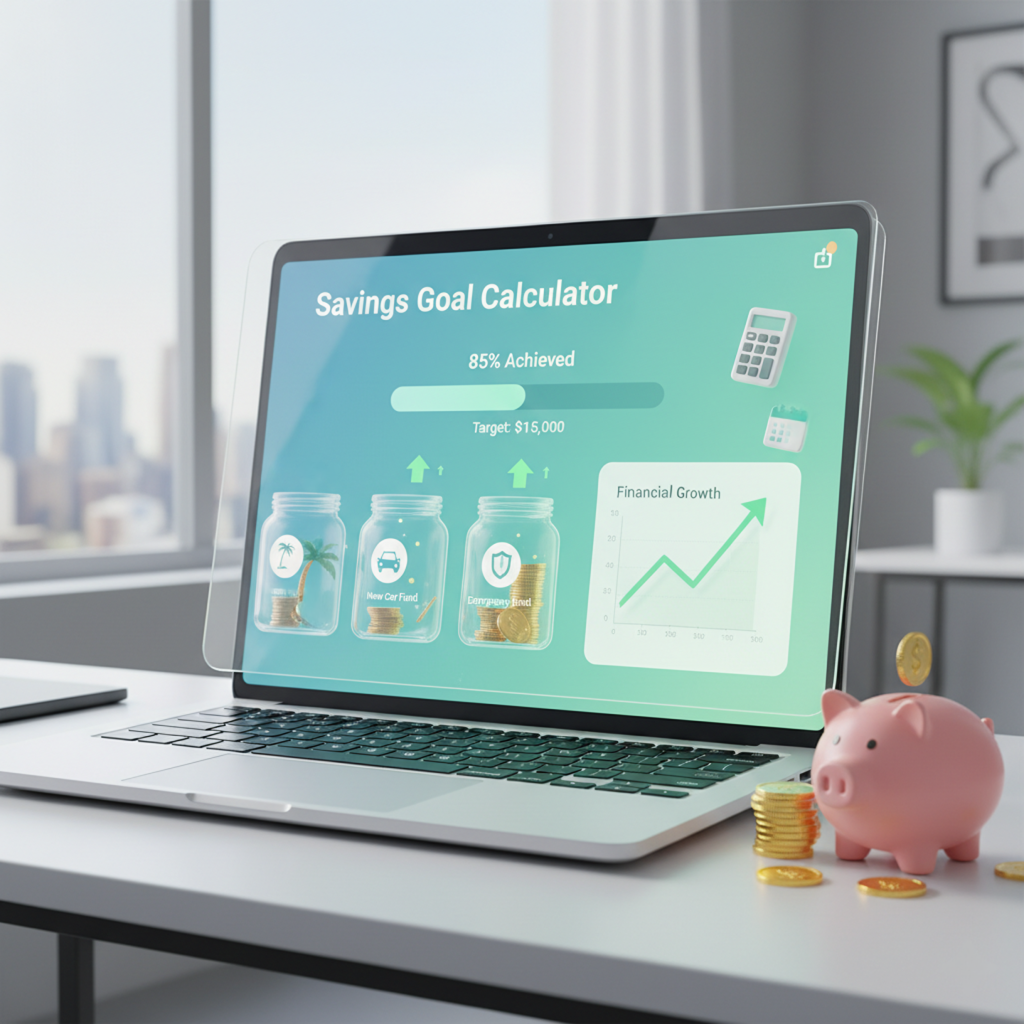 Savings goal calculator displaying savings tracker, target progress bars, piggy bank, financial growth charts, and budgeting tools