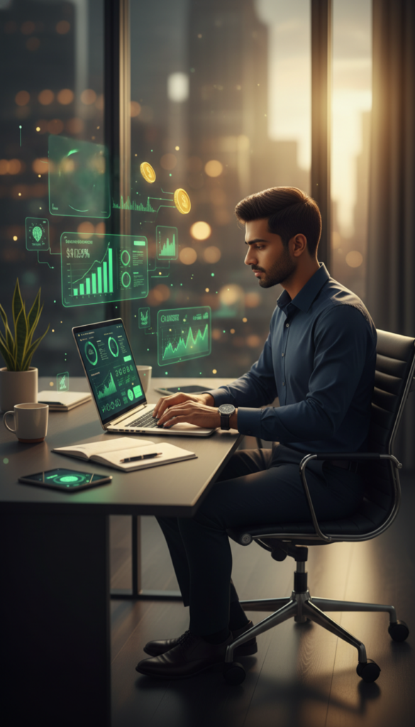 Young Indian professional using a laptop with futuristic financial dashboards, investment charts, and fintech analytics