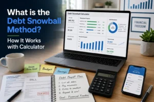 Person using the debt snowball method calculator to plan credit card and loan repayment with budgeting charts on a desk