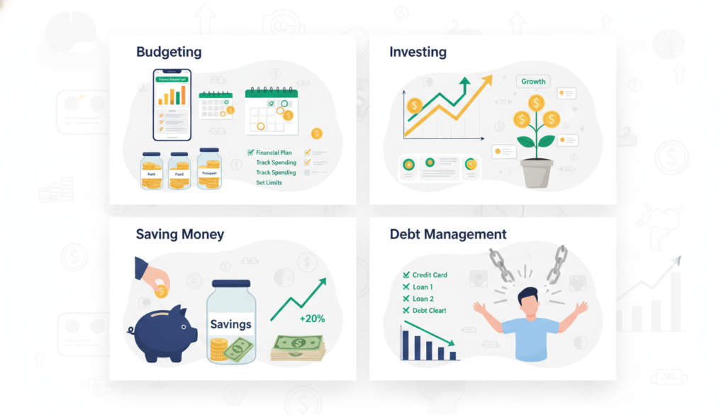 Flat vector illustration showing budgeting, investing, saving money, and debt management concepts with finance apps, piggy bank, stock charts, savings jars, and broken chains.