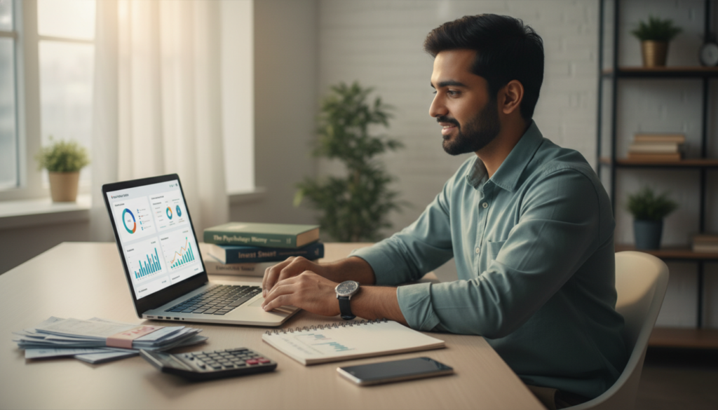 Young Indian professional learning personal finance on a laptop with budgeting dashboards, investment charts, finance books, and financial planning tools in a modern workspace symbolizing financial growth and confidence.