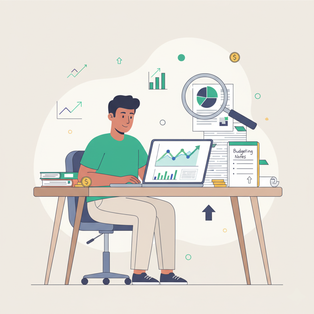 Young person experiencing a financial knowledge breakthrough with a glowing light bulb and finance symbols in a modern illustration style.